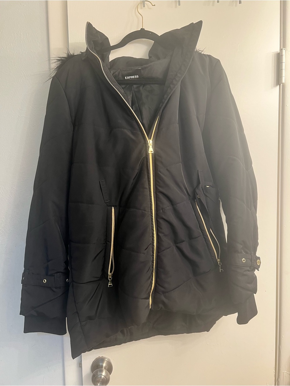 Express Black Hooded Puffer Coat with Gold Zippers